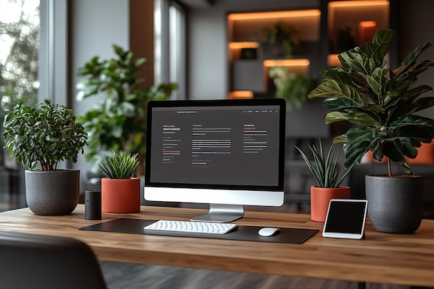 a computer monitor sits on a wooden desk with plants and a phone