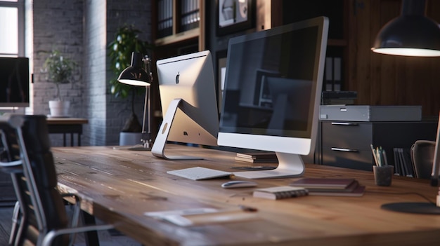 a computer monitor sits on a wooden table in front of a picture of a plant