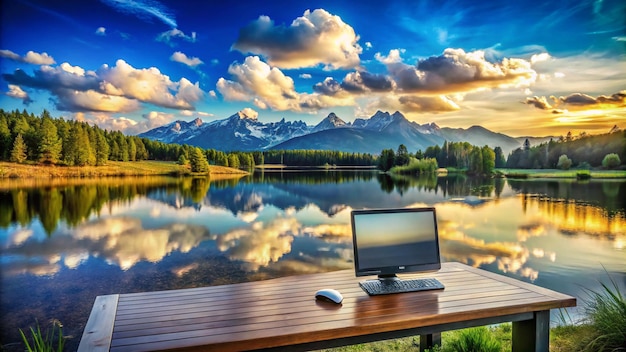 a computer monitor sits on a wooden table with a mountain in the background