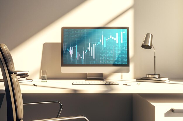 Computer monitor with abstract financial graph finance and trading concept 3D Rendering