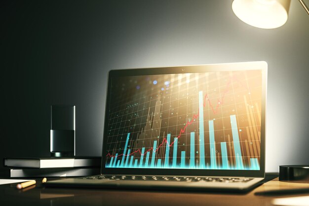 Photo computer monitor with abstract financial graph finance and trading concept 3d rendering