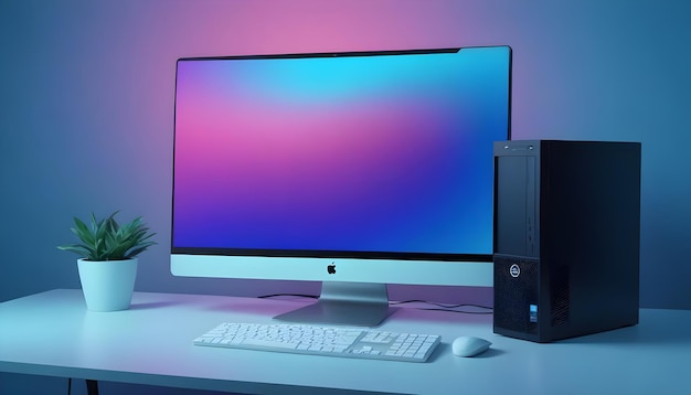 Photo a computer monitor with a blue and pink background