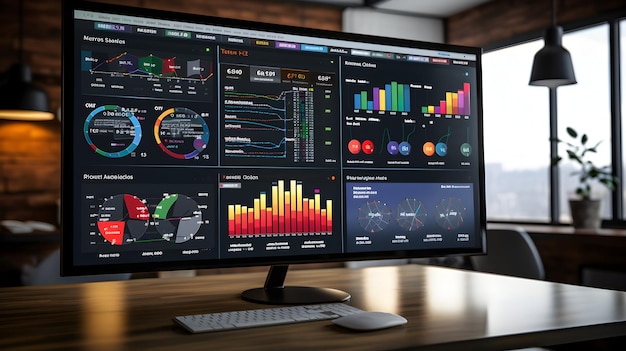 a computer monitor with a chart showing the word graph on it