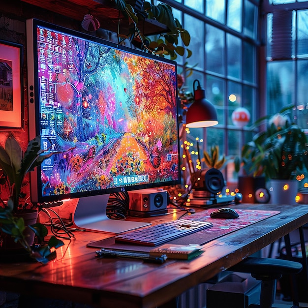 a computer monitor with a colorful background on it