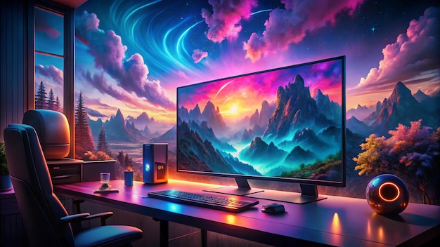 a computer monitor with a colorful sky and mountains in the background