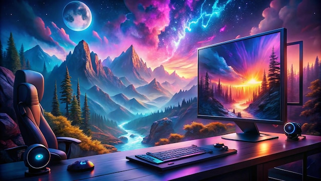 Photo a computer monitor with a full moon and mountains in the background