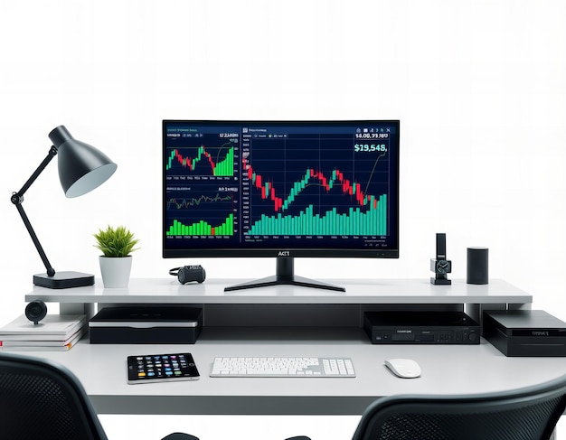 Photo a computer monitor with a graph on the screen and a keyboard on the desk