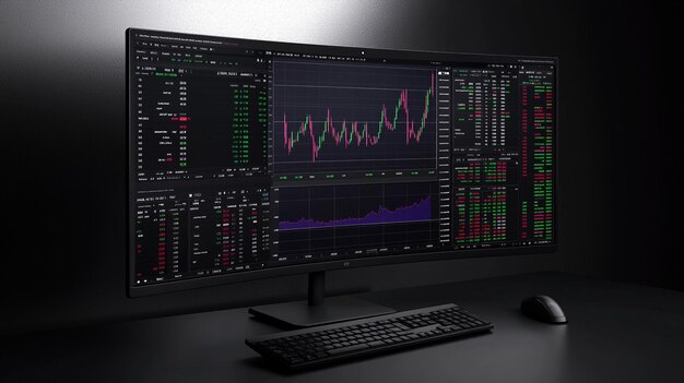 Photo a computer monitor with a graph on the screen and a keyboard on the left side