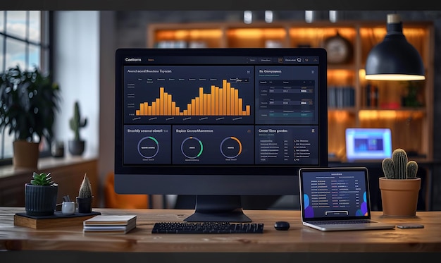 Photo a computer monitor with a graph on the screen and a mouse on the desk