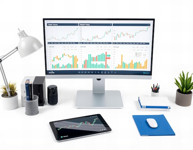 Photo a computer monitor with a graph on the screen and a pen on the table