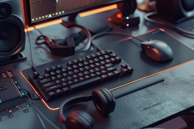 Photo a computer monitor with headphones and a keyboard