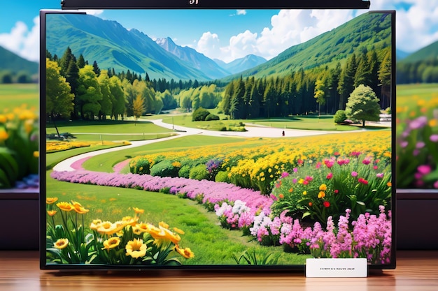 A computer monitor with a landscape of flowers and mountains in the background.