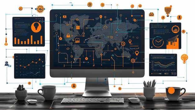 Photo a computer monitor with a map of the world on the screen