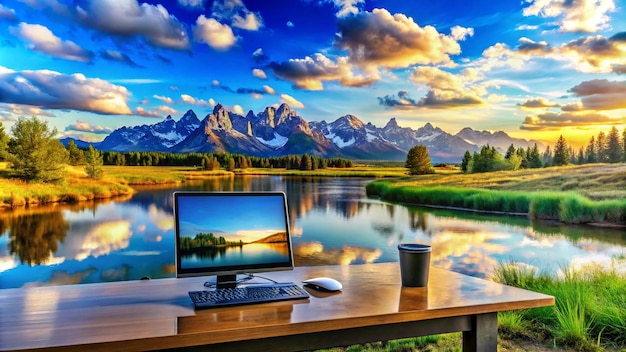 Photo a computer monitor with a mountain in the background and a lake in the background