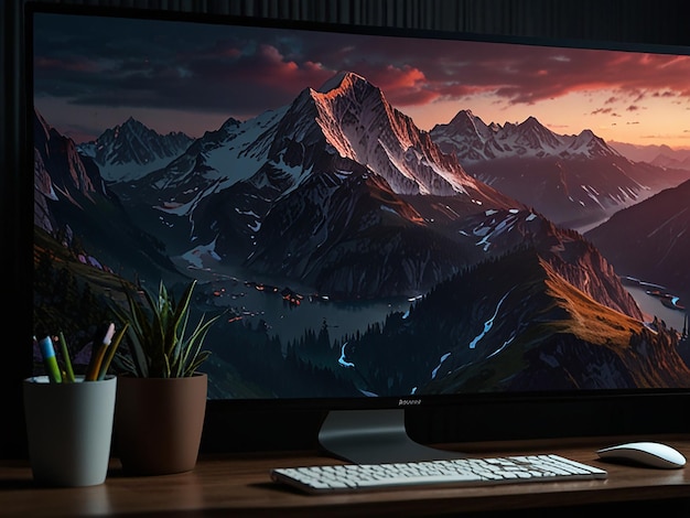 Photo a computer monitor with a mountain landscape in the background