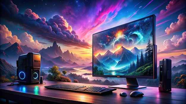 a computer monitor with a mountain landscape in the background