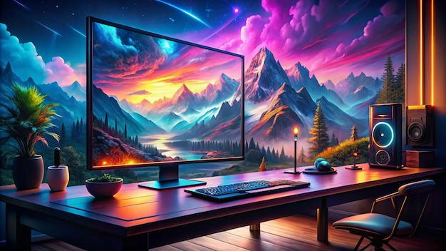 a computer monitor with a mountain landscape on the background