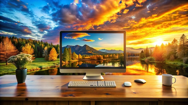 a computer monitor with a mountain landscape in the background