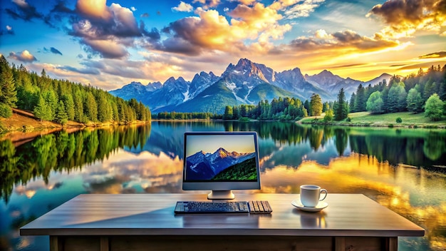 Photo a computer monitor with a mountain landscape in the background