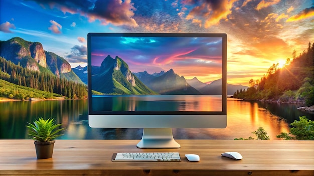 Photo a computer monitor with a mountain landscape in the background