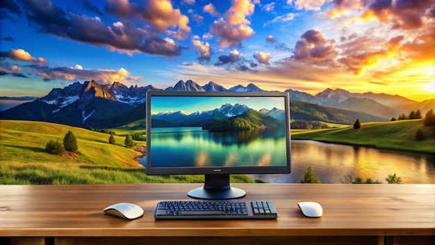 Photo a computer monitor with a mountain landscape in the background