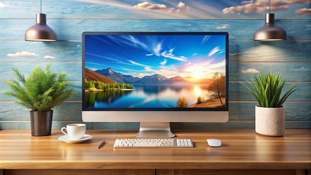 Photo a computer monitor with a mountain landscape in the background