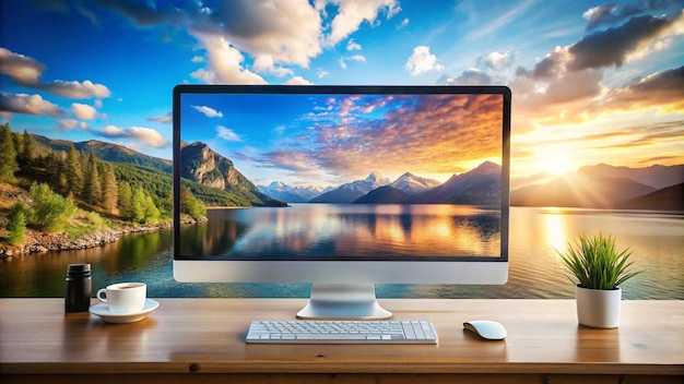 a computer monitor with a mountain view in the background