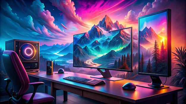 a computer monitor with mountains on the wall and a mountain in the background