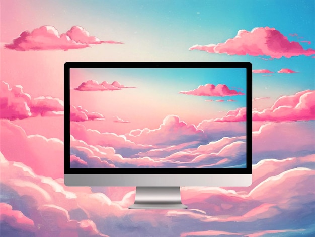 a computer monitor with a pink and blue background with clouds and clouds in the sky