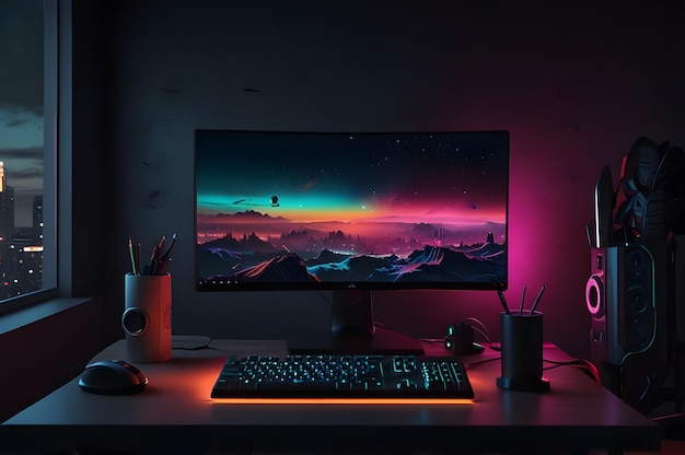 a computer monitor with a purple light behind it