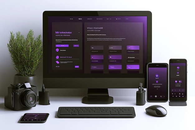 a computer monitor with a purple screen and a black keyboard