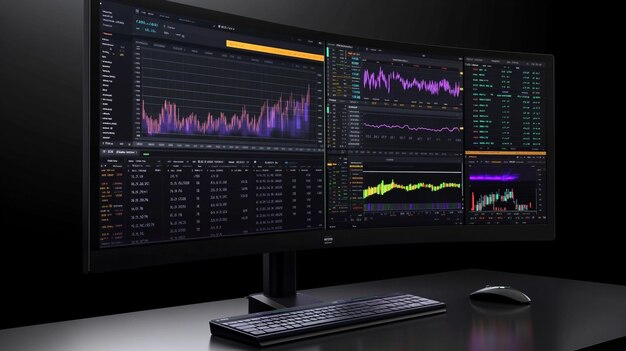 Photo a computer monitor with a screen showing a graph of graphs and a keyboard