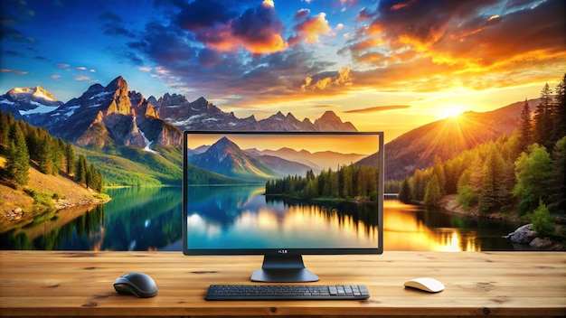 Photo a computer monitor with a sunset on the background