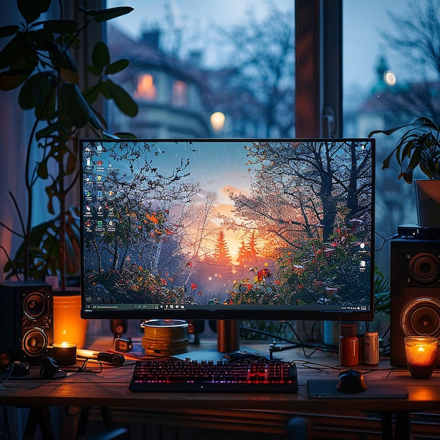 a computer monitor with a sunset on the screen