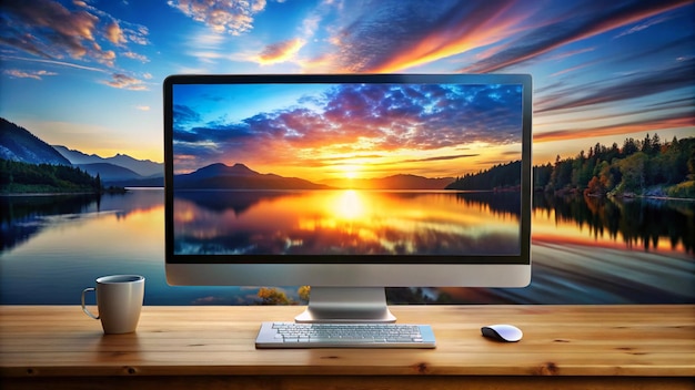 a computer monitor with a sunset on the screen