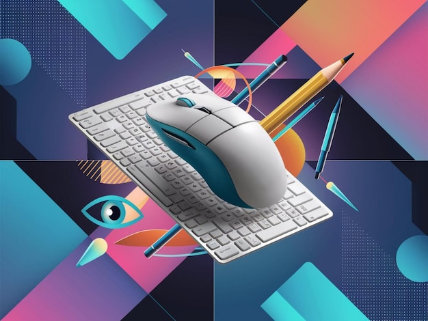 Photo a computer mouse is on a keyboard with a blue background with a blue and orange design