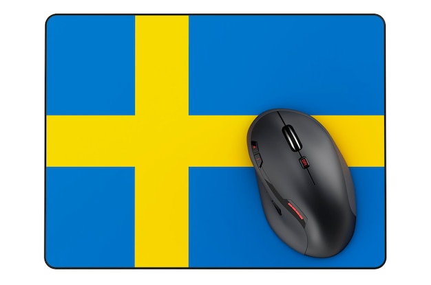 Computer mouse and mouse pad with Swedish flag 3D rendering