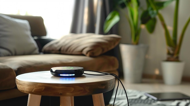 a computer mouse sits on a table with a plant in the background