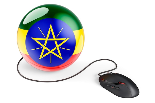 Computer mouse with Ethiopian flag Internet network in Ethiopia concept 3D rendering