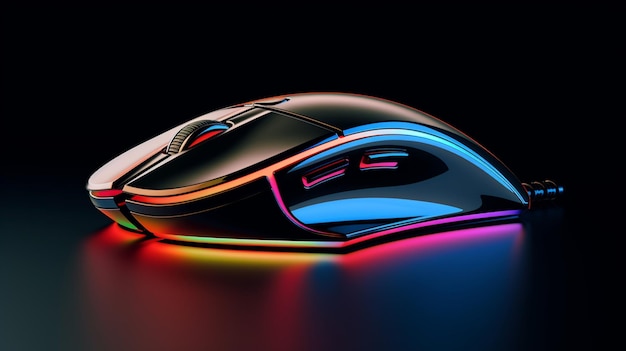 a computer mouse with a purple light reflecting off the surface