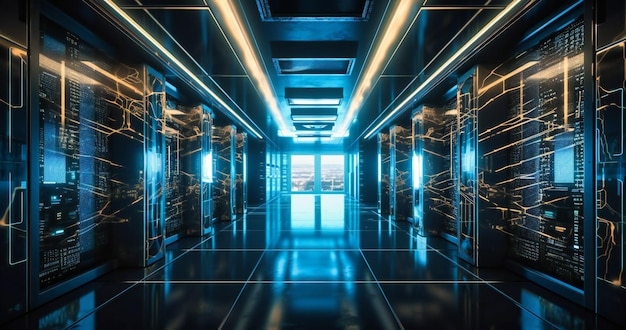 A computer network server room is shown with blue light