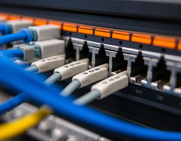 Photo a computer panel with many wires and a blue cable