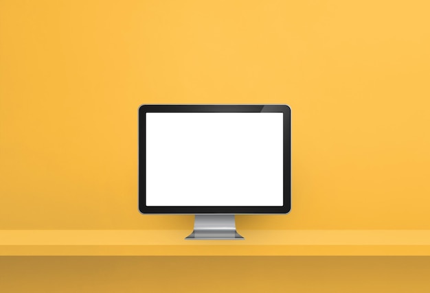 Computer pc on yellow shelf banner