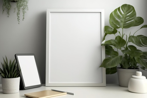 A computer a plant and a white photo frame on a table