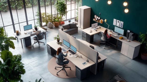 a computer room with a green wall and a woman working on a laptop