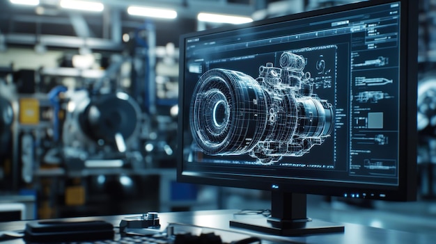 Computer Screen Displaying a 3D Wireframe Model of an Industrial Machine Part