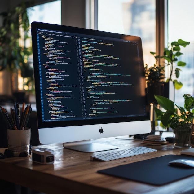 A computer screen displaying code a keyboard and a mouse on a wooden desk with plants in the background