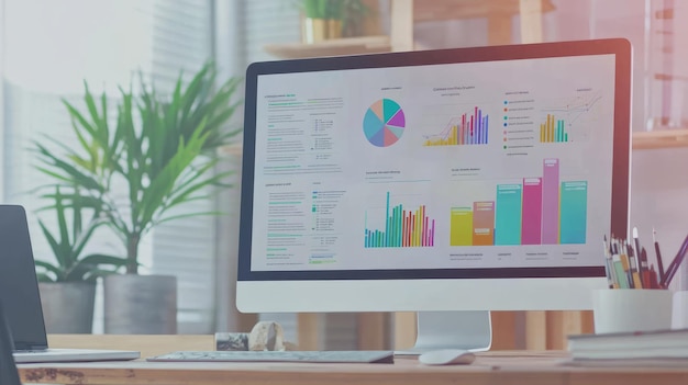 Computer screen displaying colorful graphs and charts on a desk