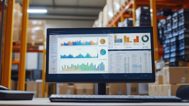 Photo computer screen displaying data and graphs in a warehouse setting