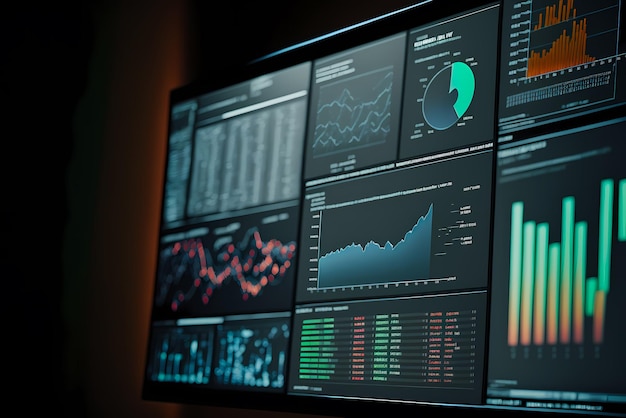 A computer screen displaying multiple financial reports graphs and pie for business management